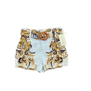 Joie 100% Linen Shorts White Multicolor Design Pockets Belt Stretch Waist Medium